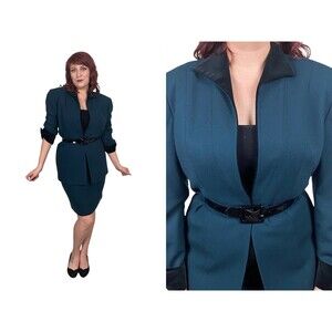 Size M | Vintage CHRISTIAN DIOR 1980s 80s Dark Green Blazer Skirt Suit 2 pc Set